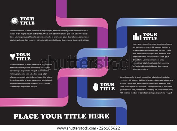 Page layout and presentation template design
with intertwined pink and blue ribbon vector illustration. White
text on black background.