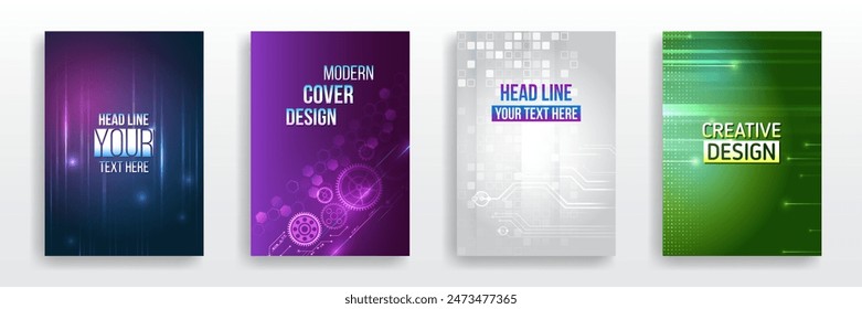 Page layout set for sci-fi. Set of high-tech covers for marketing. Modern technology design for posters. Futuristic background for flyer, brochure. Scientific cover template for presentation, banner.