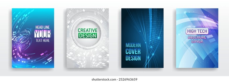 Page layout set for sci-fi. Set of high-tech covers for marketing. Modern technology design for posters. Futuristic background for flyer, brochure. Scientific cover template for presentation, banner.