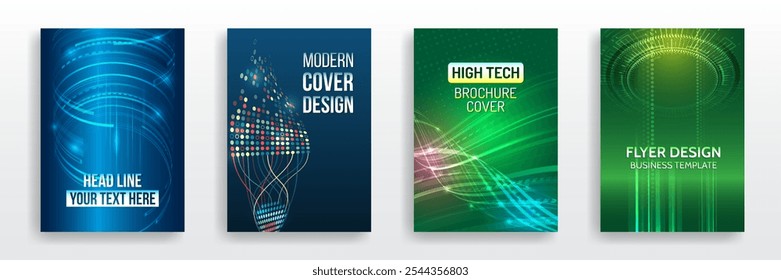 Layout de página definido para ficção científica. Conjunto de capas de alta tecnologia para marketing. Design tecnológico moderno para cartazes. Fundo futurista para folheto, folheto. Modelo de capa científica para apresentação, faixa.