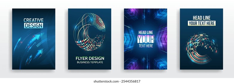 Layout de página definido para ficção científica. Conjunto de capas de alta tecnologia para marketing. Design tecnológico moderno para cartazes. Fundo futurista para folheto, folheto. Modelo de capa científica para apresentação, faixa.