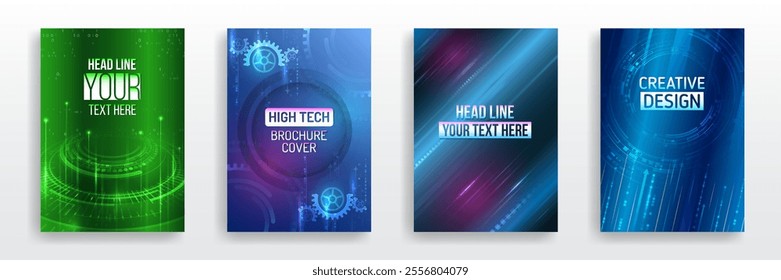 Page layout set for sci-fi. Set of high-tech covers for marketing. Modern technology design for posters. Futuristic background for flyer, brochure. Scientific cover template for presentation, banner.