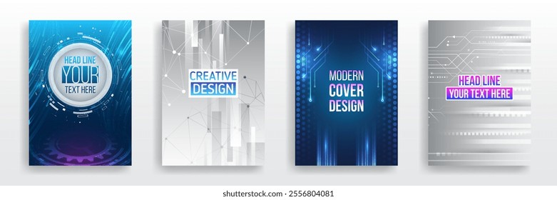 Page layout set for sci-fi. Set of high-tech covers for marketing. Modern technology design for posters. Futuristic background for flyer, brochure. Scientific cover template for presentation, banner.