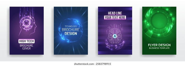 Page layout set for sci-fi. Set of high-tech covers for marketing. Modern technology design for posters. Futuristic background for flyer, brochure. Scientific cover template for presentation, banner.