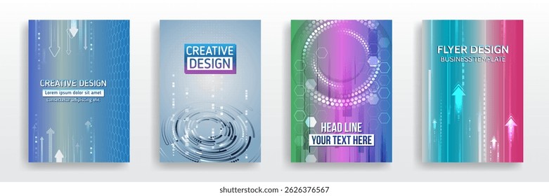 Layout de página definido para ficção científica. Conjunto de capas de alta tecnologia para marketing. Design tecnológico moderno para cartazes. Fundo futurista para folheto, folheto. Modelo de capa científica para apresentação, faixa.