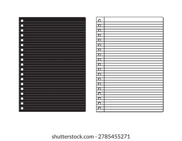 Page of lined white paper from a spiral notebook. Mockup of a white notebook with spiral. A5 and square format. Shiny metal binder clip. Mockup of a small book, diary, notepad, vector illustration.