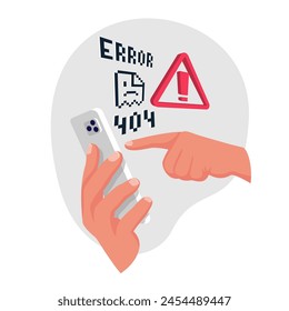 Error de carga de página. Sitio web de error 404 en la pantalla del smartphone. Página rasgada en diseño de píxeles. Diseño plano de Ilustración vectorial. Mensaje en la pantalla. Joven enojado sin internet.