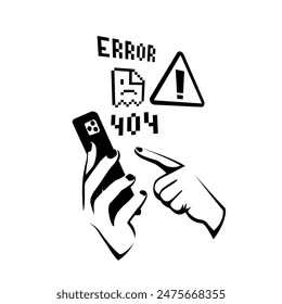 Page load error. Error Web site 404 on the screen of the smartphone. Torn page in pixel design. Vector illustration flat design. Message on the screen. Angry young guy without internet.