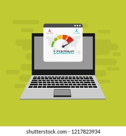 Page loading speed banner. Computer and load optimization check. Vector flat illustration