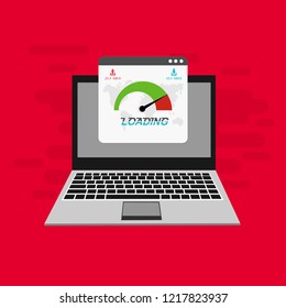 Page loading speed banner. Computer and load optimization check. Vector flat illustration
