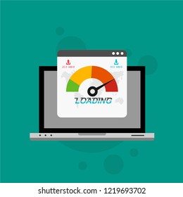 Page loading speed banner. Computer and load optimization check. Vector flat illustration
