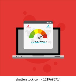 Page loading speed banner. Computer and load optimization check. Vector flat illustration
