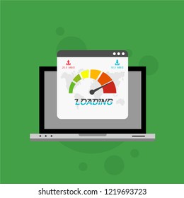 Page loading speed banner. Computer and load optimization check. Vector flat illustration