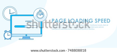 Page loading speed banner. Computer with clock and load optimization check. Vector flat illustration