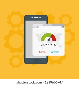 Page loading speed banner. smartphone and load optimization check. Vector flat illustration