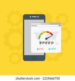 Page loading speed banner. smartphone and load optimization check. Vector flat illustration