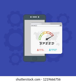 Page loading speed banner. smartphone and load optimization check. Vector flat illustration