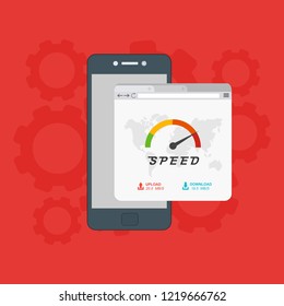 Page loading speed banner. smartphone and load optimization check. Vector flat illustration