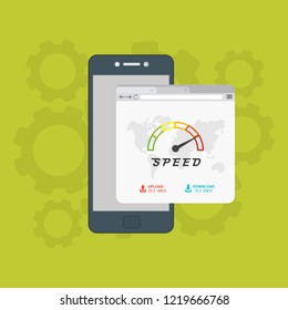 Page loading speed banner. smartphone and load optimization check. Vector flat illustration