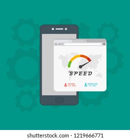 Page loading speed banner. smartphone and load optimization check. Vector flat illustration