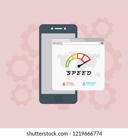 Page loading speed banner. smartphone and load optimization check. Vector flat illustration