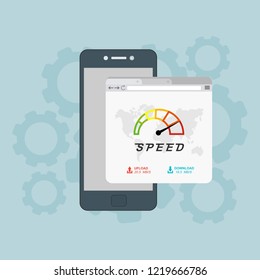 Page loading speed banner. smartphone and load optimization check. Vector flat illustration