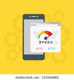 Page loading speed banner. smartphone and load optimization check. Vector flat illustration