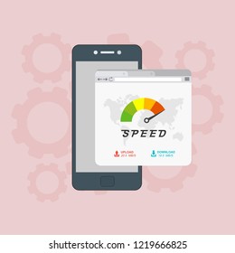 Page loading speed banner. smartphone and load optimization check. Vector flat illustration