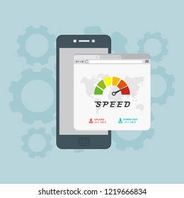 Page loading speed banner. smartphone and load optimization check. Vector flat illustration