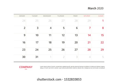 Page March 2020 calendar planner stationary design template. Monthly planner. Corporate and business template design. Week starts on Sunday. Vector illustration. Isolated background.