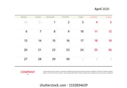 Page March 2020 calendar planner stationary design template. Monthly planner. Corporate and business template design. Week starts on Sunday. Vector illustration. Isolated background.