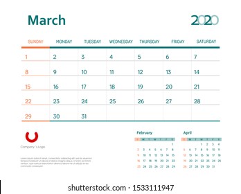 Page March 2020 wall calendar planner stationary design template. Color event monthly planner. Corporate and business template design. Week starts on Sunday. Vector illustration. Isolated background.