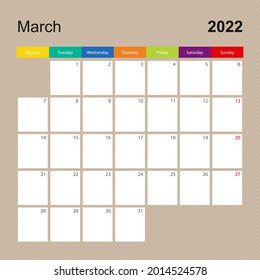 Сalendar page for March 2022, wall planner with colorful design. Week starts on Monday. Vector calendar template.