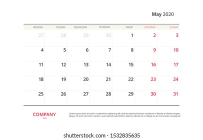 Page May 2020 calendar planner stationary design template. Monthly planner. Corporate and business template design. Week starts on Sunday. Vector illustration. Isolated background.