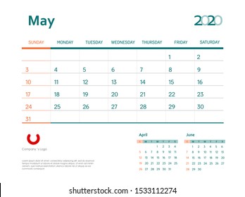 Page May 2020 wall calendar planner stationary design template. Color event monthly planner. Corporate and business template design. Week starts on Sunday. Vector illustration. Isolated background.