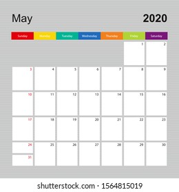 Сalendar page for May 2020, wall planner with colorful design. Week starts on Sunday. Vector calendar template.