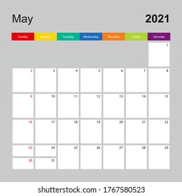 Сalendar page for May 2021, wall planner with colorful design. Week starts on Sunday. Vector calendar template.