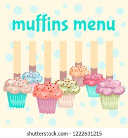 The page of the menu with design of deserot. Muffins and cupcakes with Meath for the signature and the text