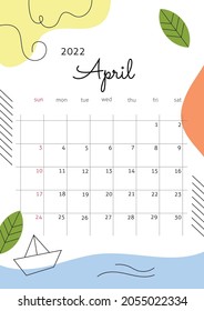 The page with the month April 2022 with abstract elements, creek, paper boat, leaves. Vertical season poster in a simple cute style with winter elements. Vector illustration in pastel shades colors