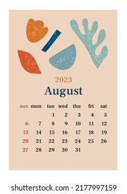 The page with the month August 2023 with abstract organic shapes in muted tones. Vertical poster in aesthetic style in pastel colors. Vector illustration design