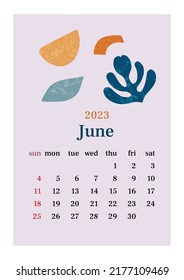 The page with the month June 2023 with abstract organic shapes in muted tones. Vertical poster in aesthetic style in pastel colors. Vector illustration design