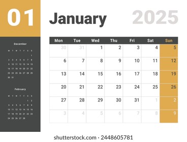 Page Monthly Calendar Planner Template of January 2025 year. Vector mockup calendar with the week starting on Monday for printing. Page for size A4 -21x29.7 cm.