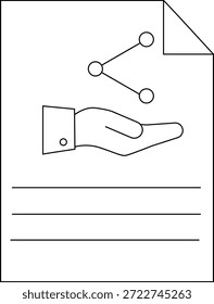 Una página con un gráfico de red encima de una mano con líneas de texto debajo y una esquina doblada en la parte superior derecha