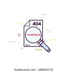 Page not found 404 design template. 404 error page flat line concept. Link to a non-existent page. Document no results. Page with magnifying glass and 404 error.