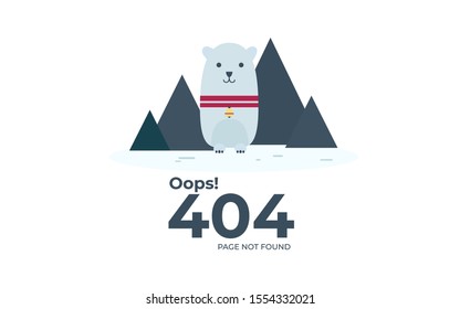 Page not found 404 design tamplate. 404 error page flat icon concept. a bear lost in the snow desert.