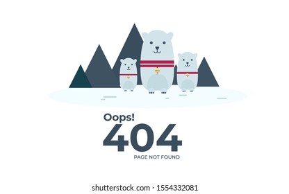 Page not found 404 design tamplate. 404 error page flat icon concept. the mother bear and calf are lost in the snow desert