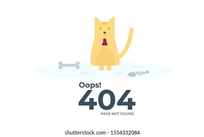 Page not found 404 design tamplate. 404 error page flat icon concept. a cat starving from running out of food.