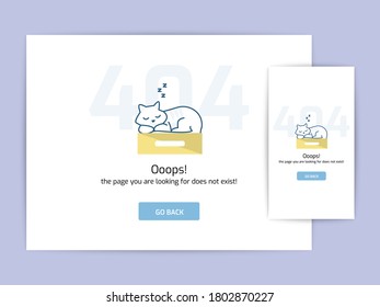 Page not found 404 design concept template. error page flat line vector. Link to a non-existent page. Cat sleeping on box illustration