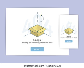 Page not found 404 design concept template. error page flat line vector. Link to a non-existent page. Insect flying out of box illustration