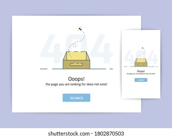 Page not found 404 design concept template. error page flat line vector. Link to a non-existent page. Insect flying out of box illustration